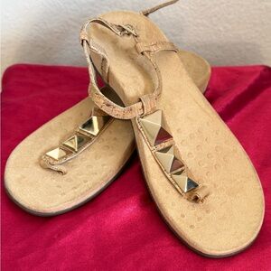 Vionic Nala Natural Cork & Gold Studded T-Strap Comfort Orthotic Sandals 9